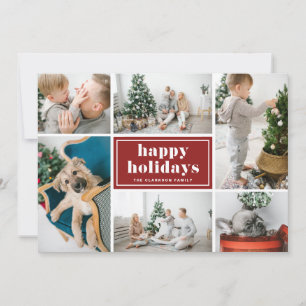 Happy Holidays Typography Red Photo Collage Holiday Card