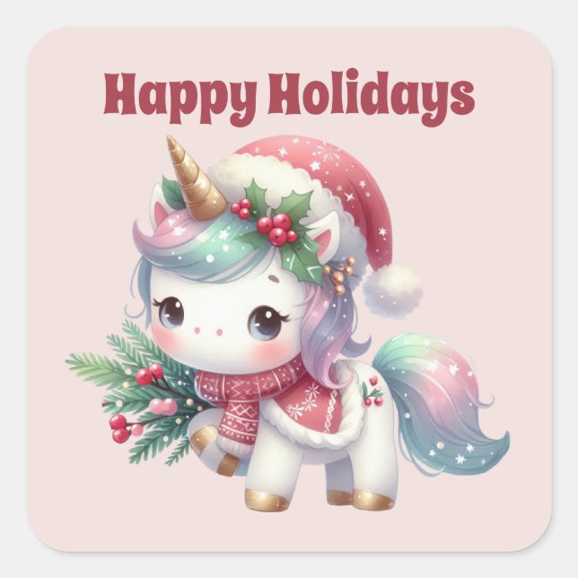 Happy Holidays unicorn Christmas Square Sticker (Front)