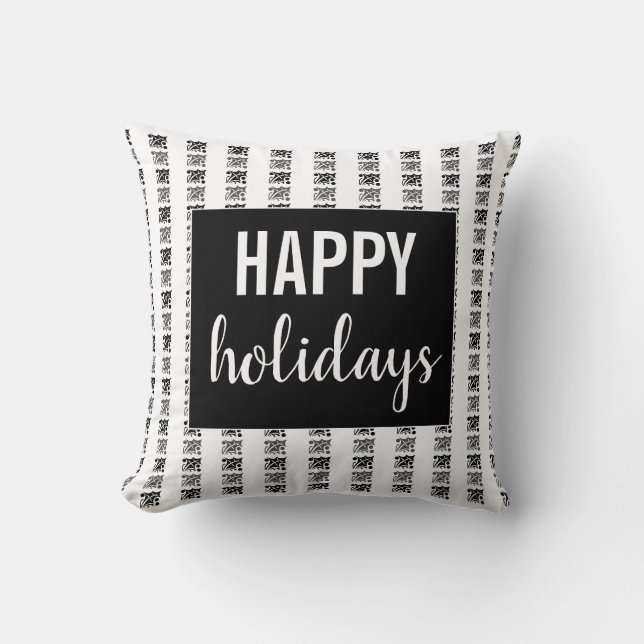 Happy Holidays Vintage Black White Striped Cushion (Front)
