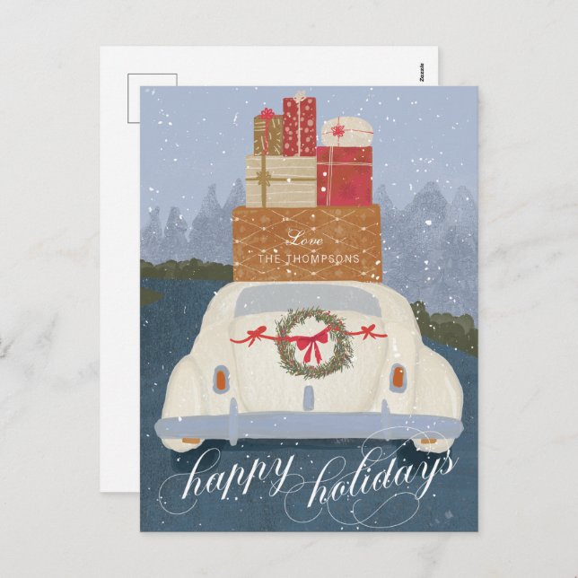 Happy Holidays Vintage Car with Gifts Postcard (Front/Back)