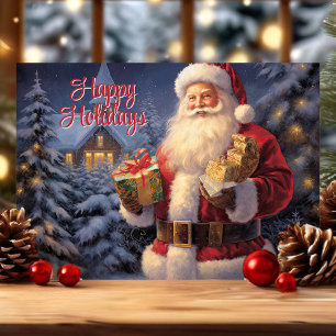 Happy Holidays Vintage Classic Santa with Gifts Holiday Card