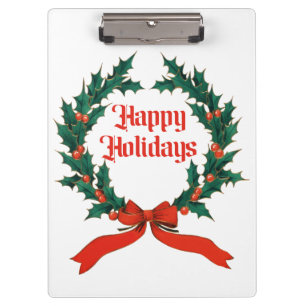 Happy Holidays Vintage Holly Christmas Wreath Clipboard