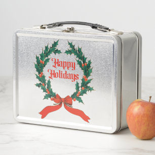 Happy Holidays Vintage Holly Christmas Wreath Metal Lunch Box