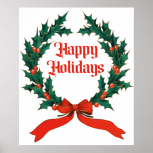 Happy Holidays Vintage Holly Christmas Wreath Poster