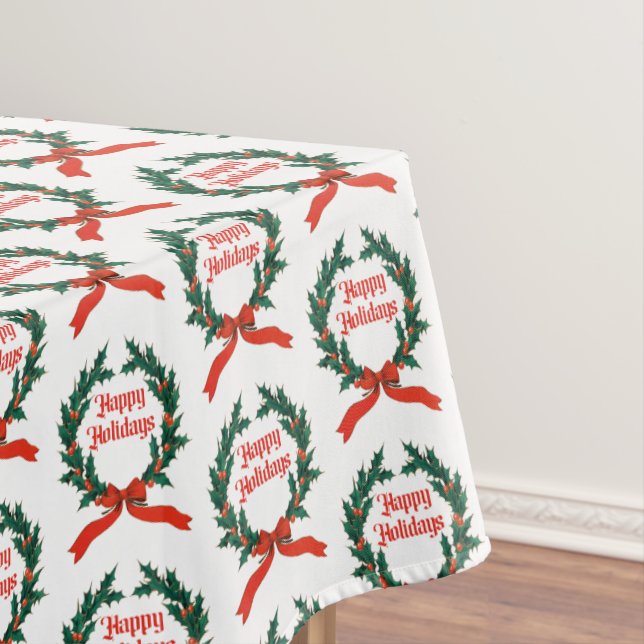 Happy Holidays Vintage Holly Christmas Wreath Tablecloth (In Situ)