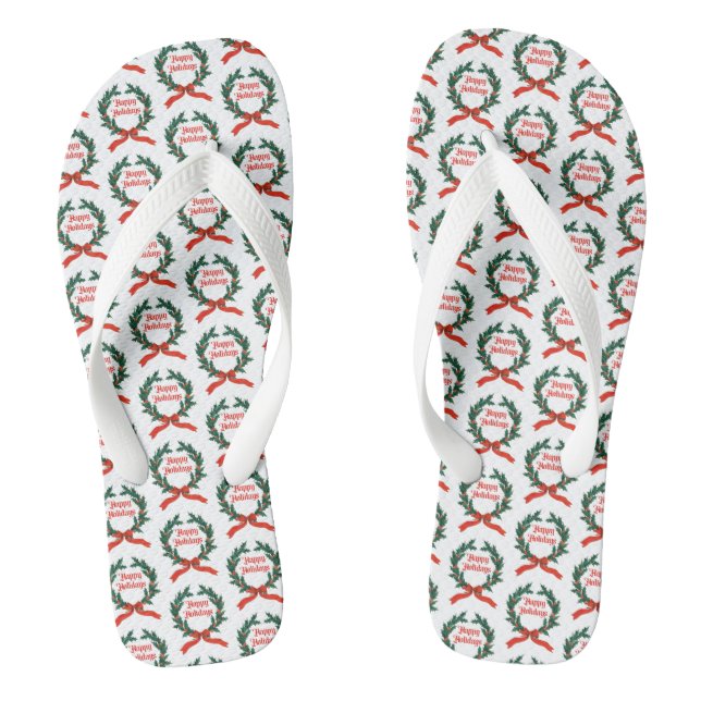Happy Holidays Vintage Holly Christmas Wreath Thongs (Footbed)