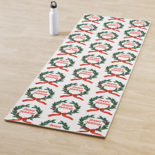 Happy Holidays Vintage Holly Christmas Wreath Yoga Mat