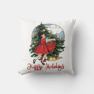 Happy Holidays,Vintage Pine Tree Little Girl Cushion