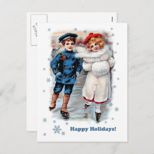 Happy Holidays. Vintage Skating Kids Christmas Holiday Postcard