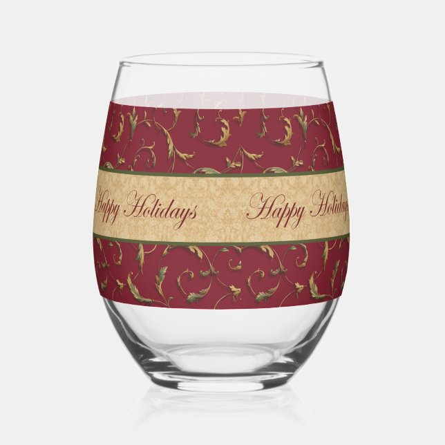 Happy Holiday's Vintage Style Stemless Wine Glass (Front)