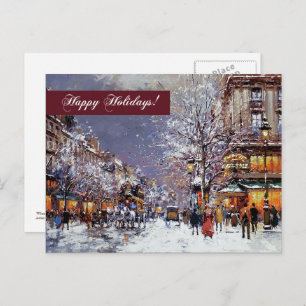 Happy Holidays. Vintage Winter Parisian Scene Holiday Postcard