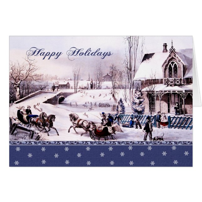Happy Holidays Vintage Winter Scene Christmas Card (Front Horizontal)