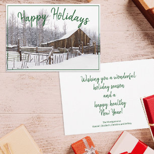 Happy Holidays Vintage Winter Snow Barn Photo Holiday Card