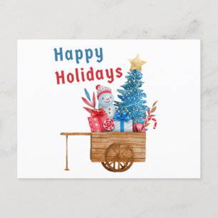 Happy Holidays Wagon with Snowman  Holiday Postcard