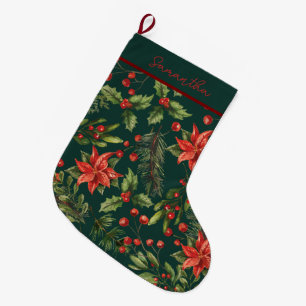 Happy Holidays Watercolor Botanical Personalized Large Christmas Stocking