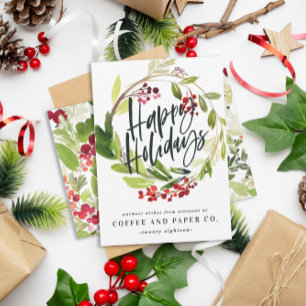 Happy Holidays watercolor floral corporate Holiday Card