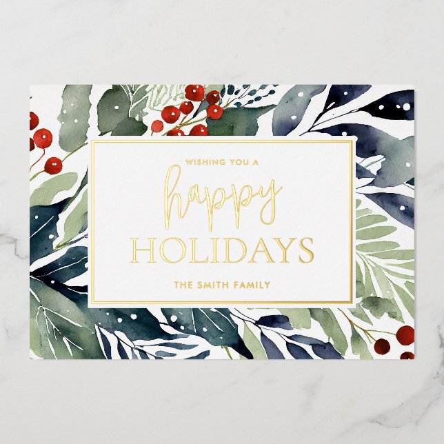 Happy Holidays Watercolor Floral Foil Holiday Card (Front)