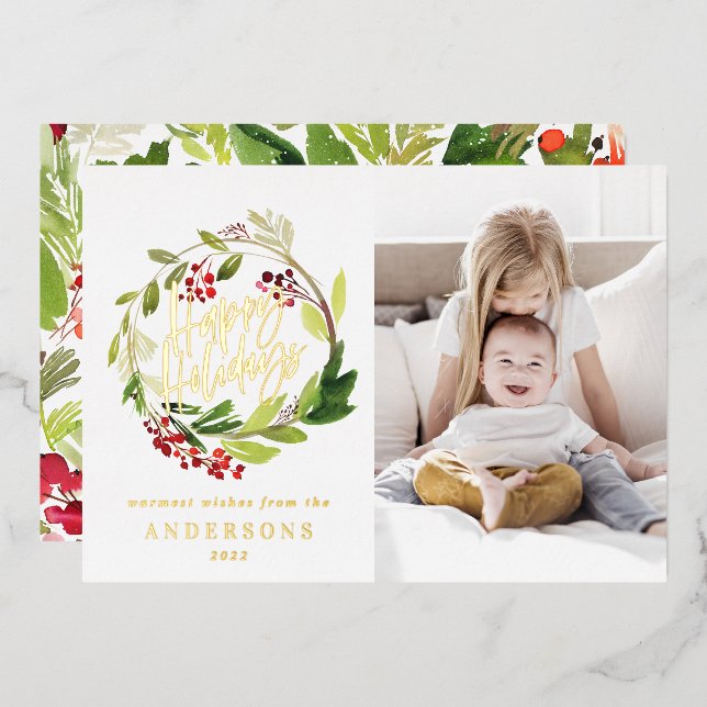 Happy Holidays watercolor floral photo  Foil Holiday Card (Front/Back)