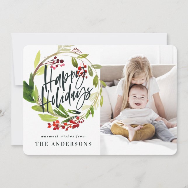 Happy Holidays watercolor floral photo Holiday Card (Front)