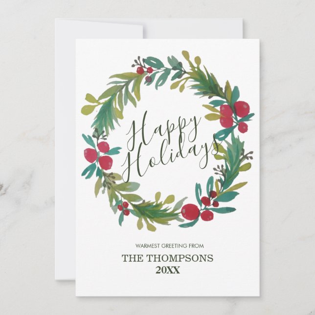 Happy Holidays Watercolor Floral Wreath Card (Front)