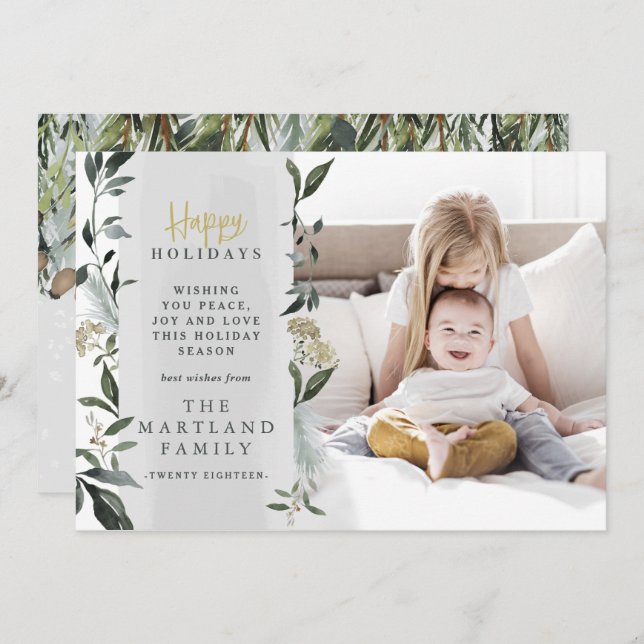 Happy holidays watercolor foliage photo holiday card (Front/Back)