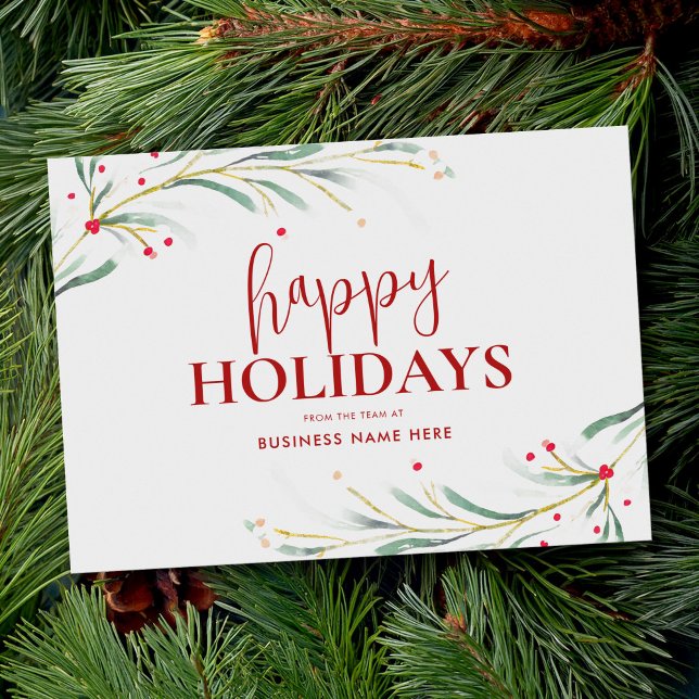 Happy Holidays Watercolor Greenery Business Holiday Card (Creator Uploaded)