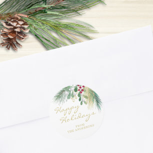 Happy Holidays Watercolor Greenery Classic Round Sticker