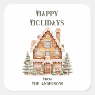 Happy Holidays Watercolor House Personalized Square Sticker