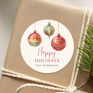 Happy Holidays Watercolor Ornaments Christmas Classic Round Sticker