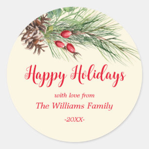 "Happy Holidays!" Watercolor Pine Christmas Classic Round Sticker