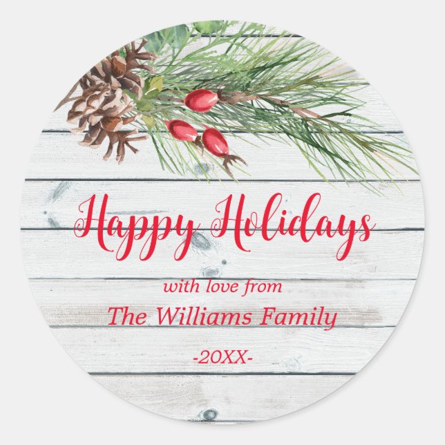 "Happy Holidays!" Watercolor Pine Christmas  Classic Round Sticker (Front)