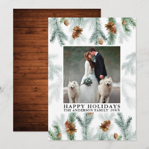 Happy Holidays Watercolor Pine Cone Greenery Wood Holiday Card