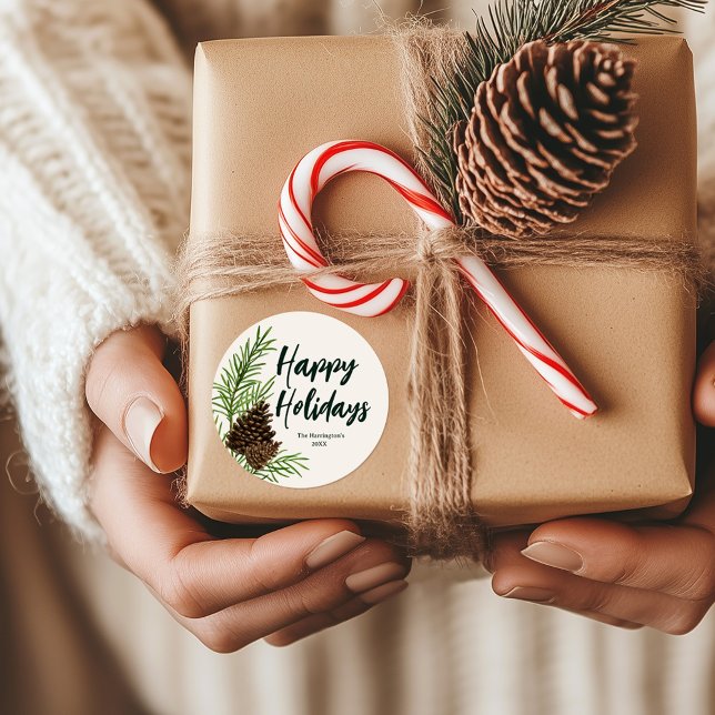 Happy Holidays Watercolor Pine Winter Greenery Classic Round Sticker (Creator Uploaded)