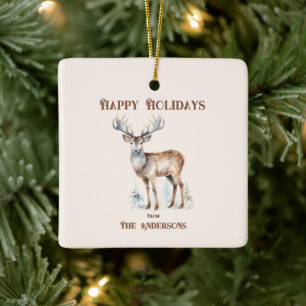 Happy Holidays Watercolor Reindeer Personalised Ceramic Ornament