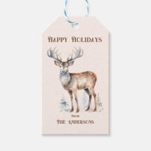 Happy Holidays Watercolor Reindeer Personalised  Gift Tags