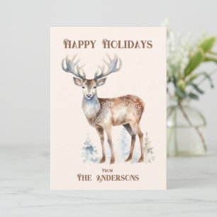 Happy Holidays Watercolor Reindeer Personalised Holiday Card