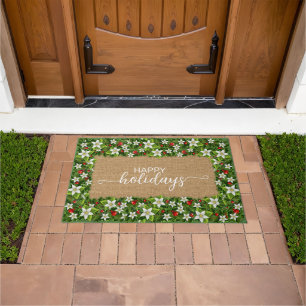 Happy Holidays Welcome Wreath On Faux Burlap Doormat