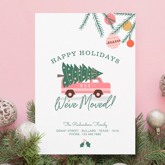 Happy Holidays We've Moved Pink Van Christmas Tree Holiday Card (Happy Holidays We've Moved Pink Van Christmas Tree Holiday Card)