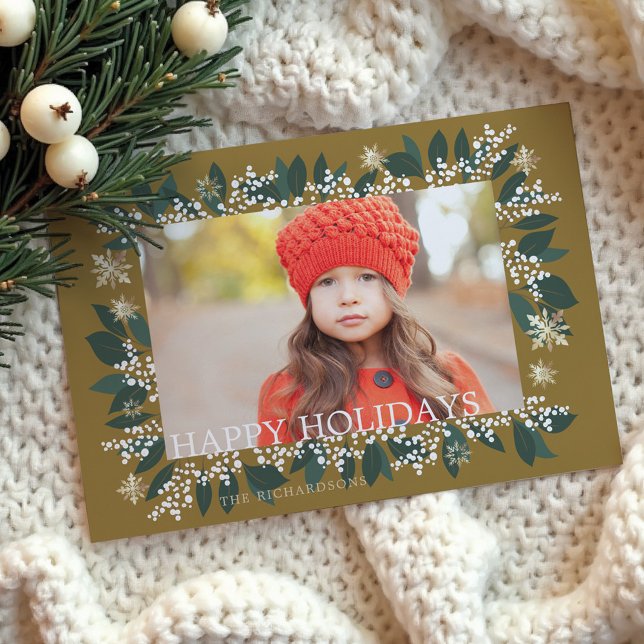 Happy Holidays White Berries Foliage Snowflakes Holiday Card (Happy Holidays White Berries Foliage Snowflakes Holiday Card)