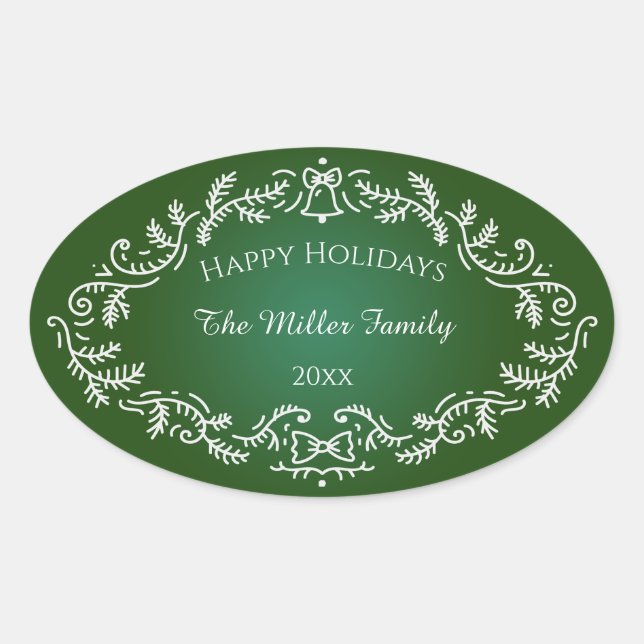 Happy Holidays White Festive Frame on Green Oval Sticker (Front)