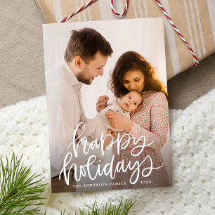 Happy Holidays White Hand-Lettered Overlay Photo Holiday Card