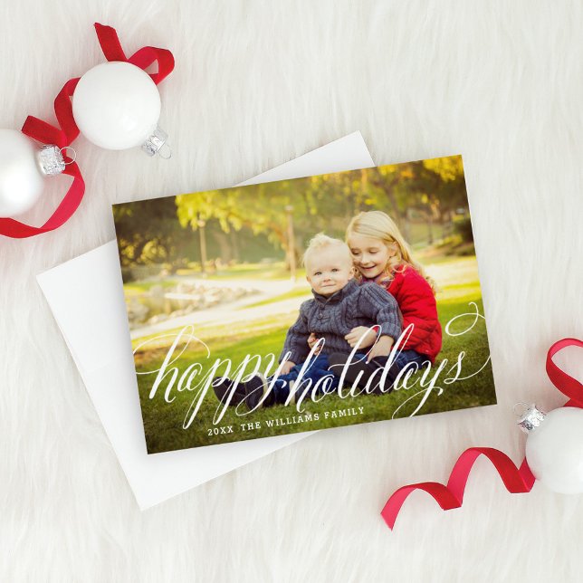 Happy Holidays White Handwritten Script Photo Holiday Card (Creator Uploaded)