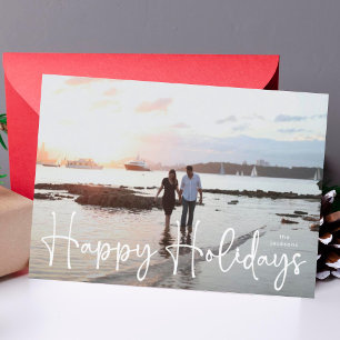 Happy Holidays White modern Hand Written Photo Holiday Card