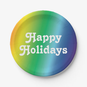 "Happy Holidays" white, pride lgbtq rainbow colour Paper Plate