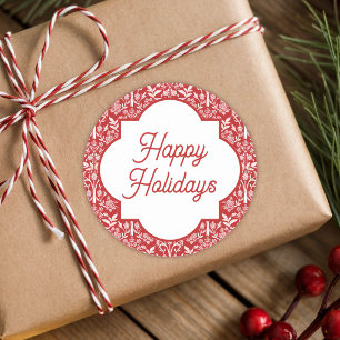 Happy Holidays White & Red Art Nouveau Classic Round Sticker