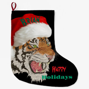 Happy holidays Wildlife tiger with santa hat Black Large Christmas Stocking