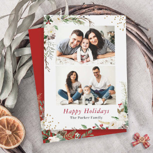 Happy Holidays Winter Botanical Floral 2 Photo Holiday Card