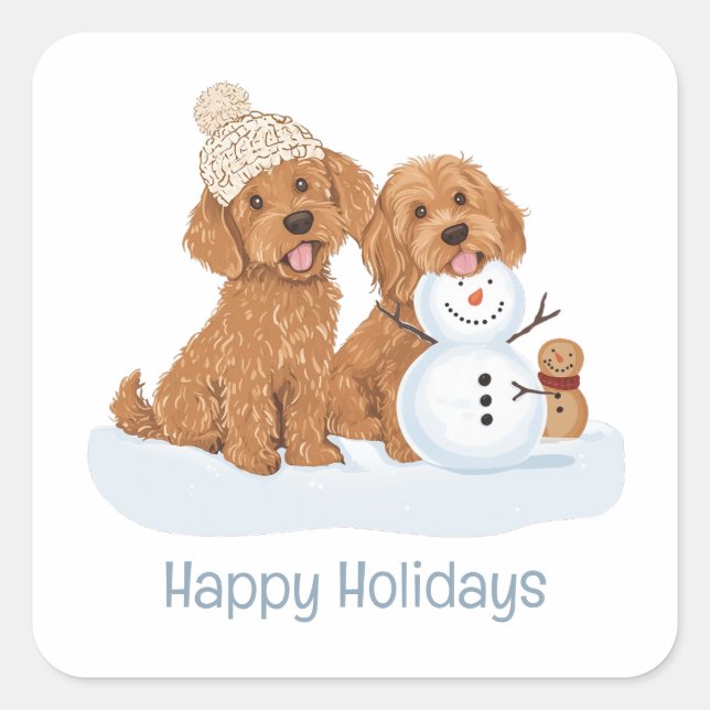 Happy Holidays Winter Goldendoodle Dog Snowman Square Sticker (Front)