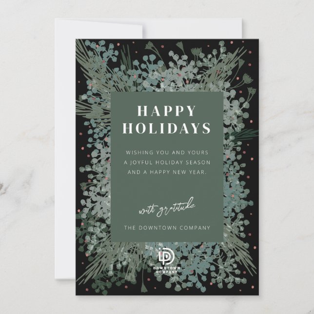Happy Holidays Winter Greenery Holiday Card (Front)
