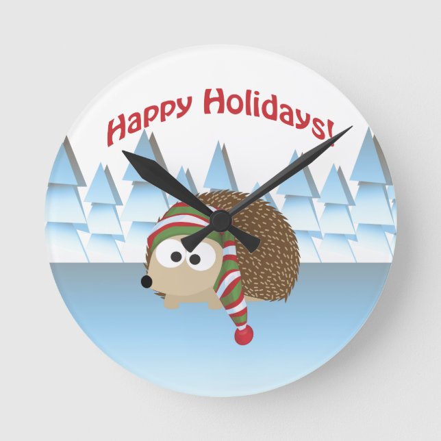 Happy Holidays! Winter Hedgehog Round Clock (Front)